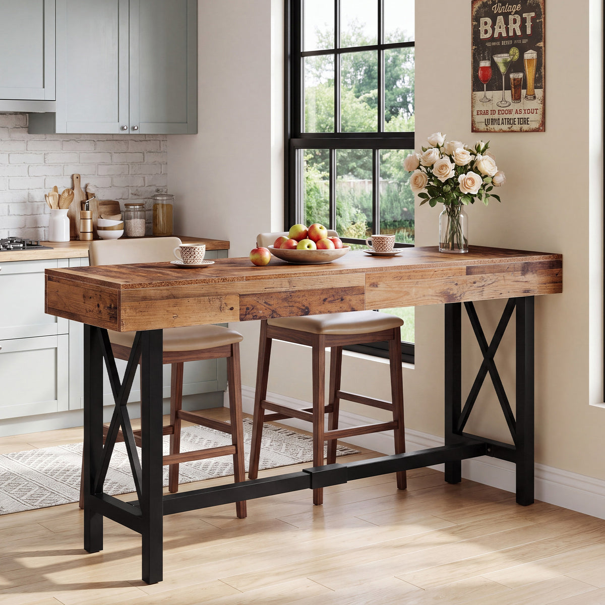 180cm Bar Table, Industrial Rectangular Pub Table with Metal Footrest