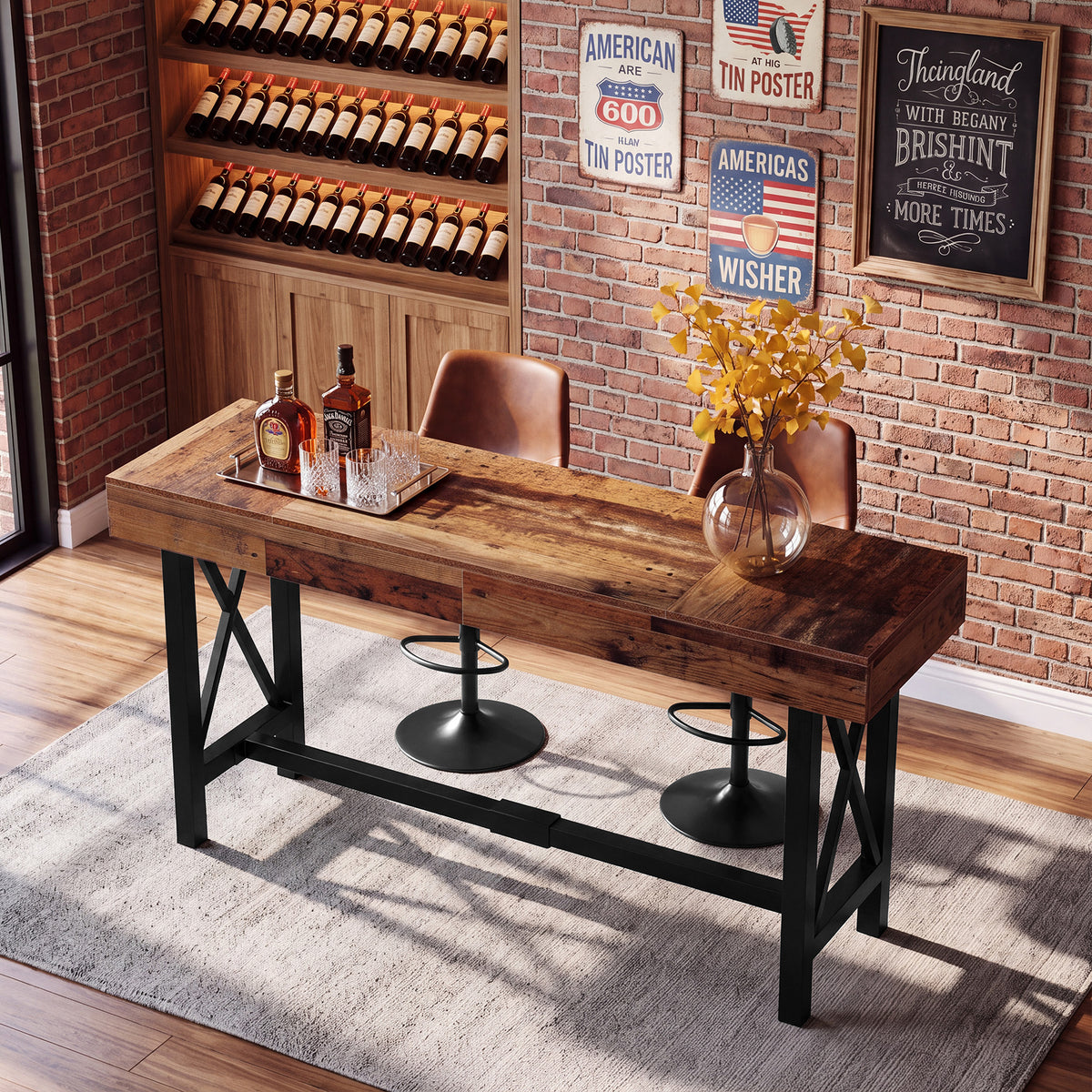 180cm Bar Table, Industrial Rectangular Pub Table with Metal Footrest