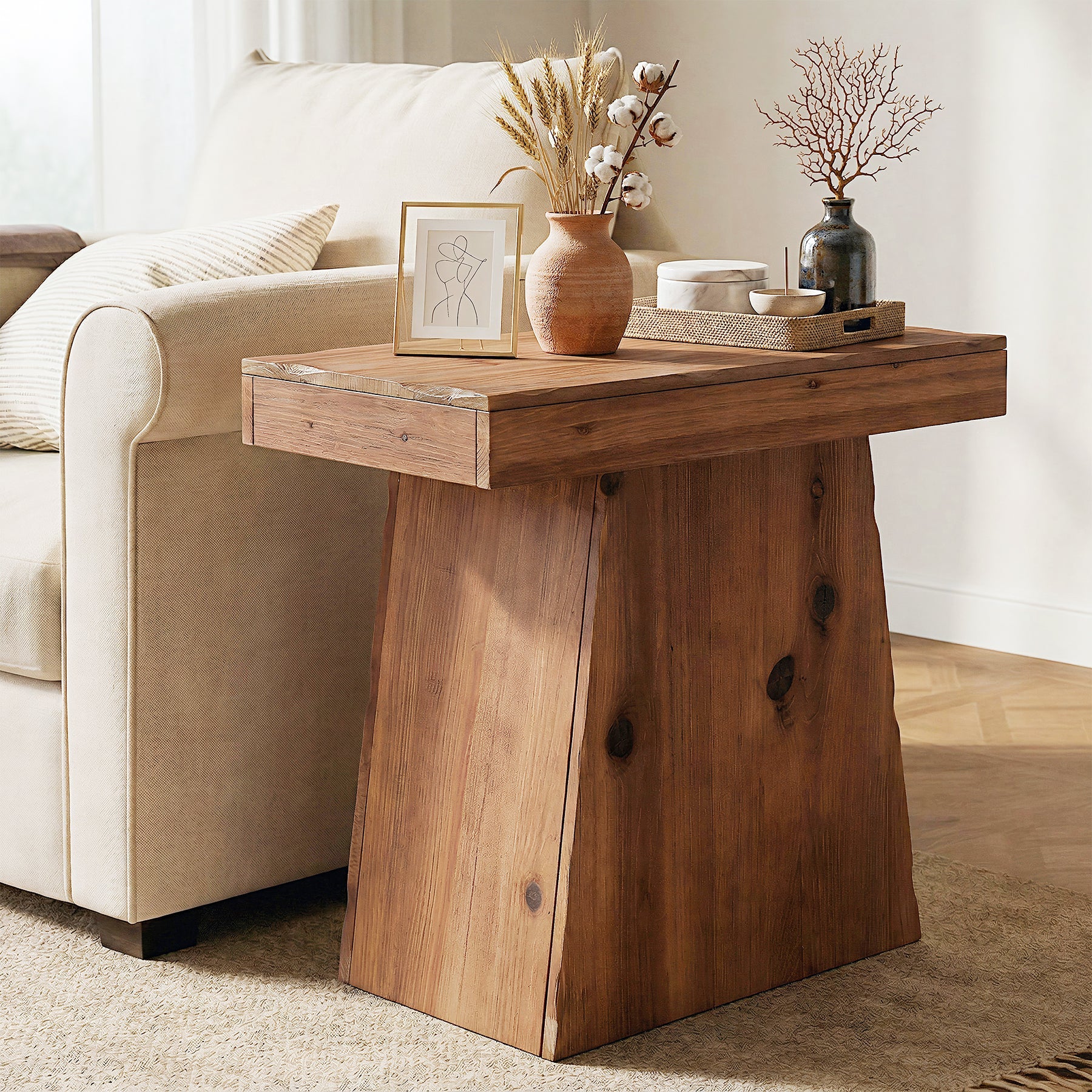 60cm Solid Wood End Table with Trapezoid Base, Small Walnut Side Taable for Living Room