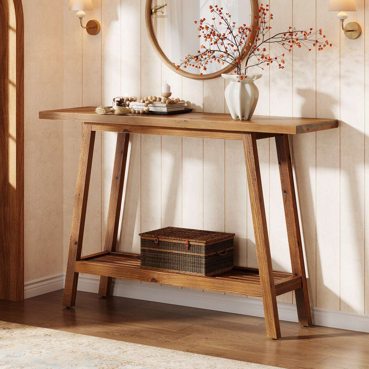 Tribesigns Country-Style Solid Wood Console Table with Shelf, 105 cm, for the Hallway and Living Room