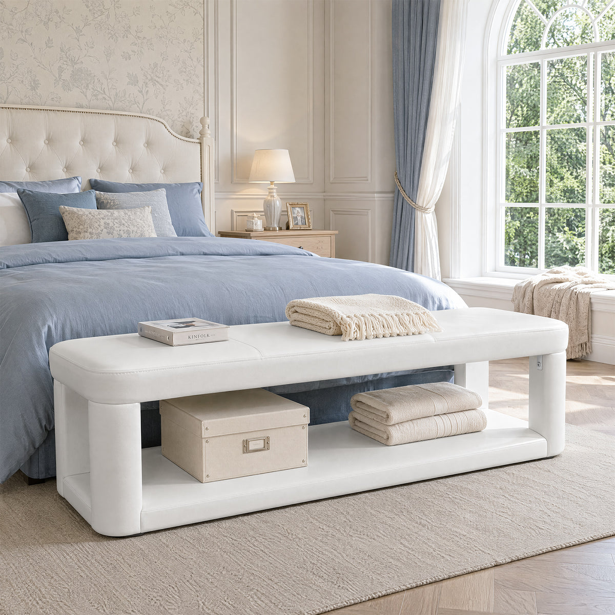 140cm Upholstered Entryway Bench, Modern 2-Tier Padded End of Bed Bench for Living Room & Bedroom