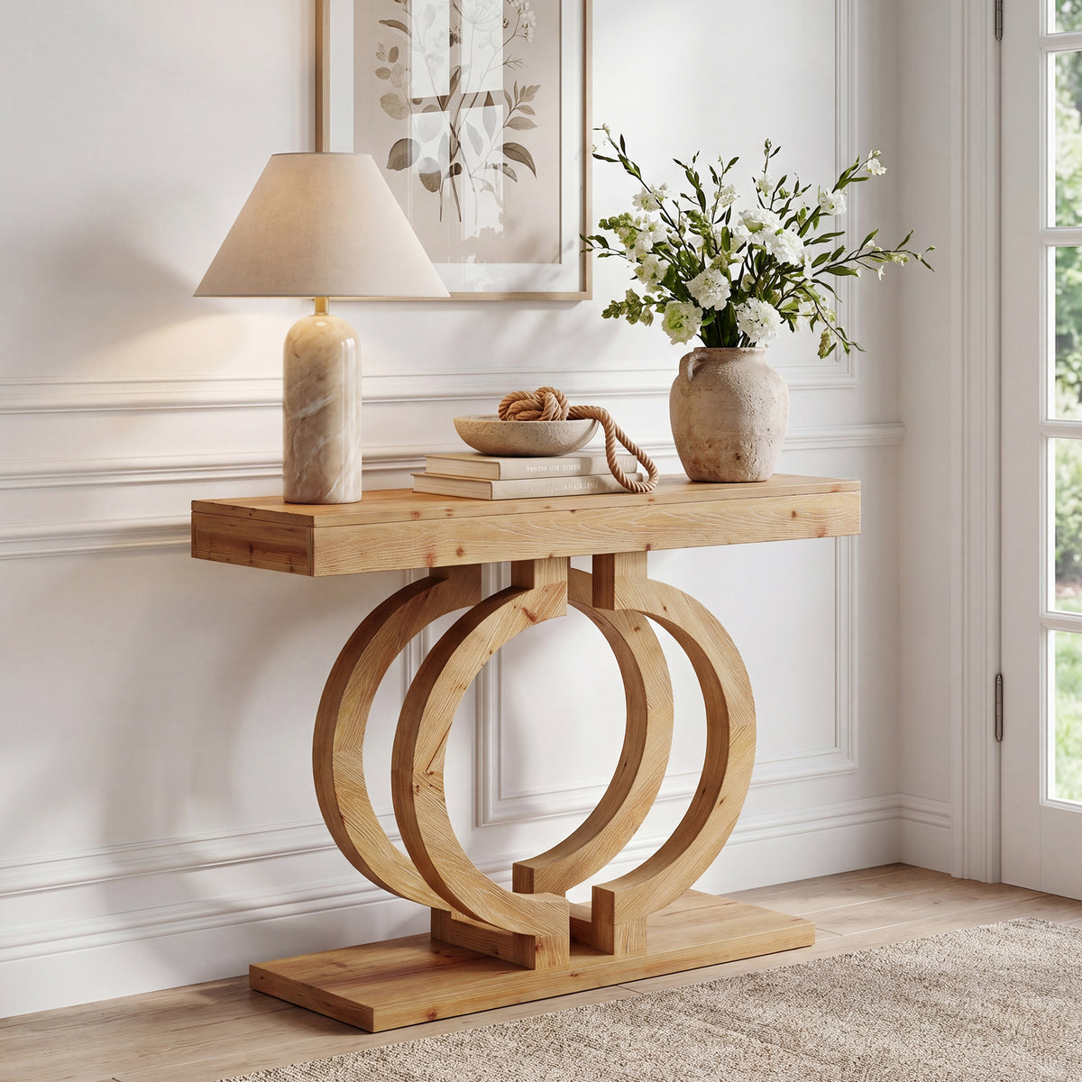 110cm Console Table, Solid Wood Narrow Hallway Table with Double Circle Base