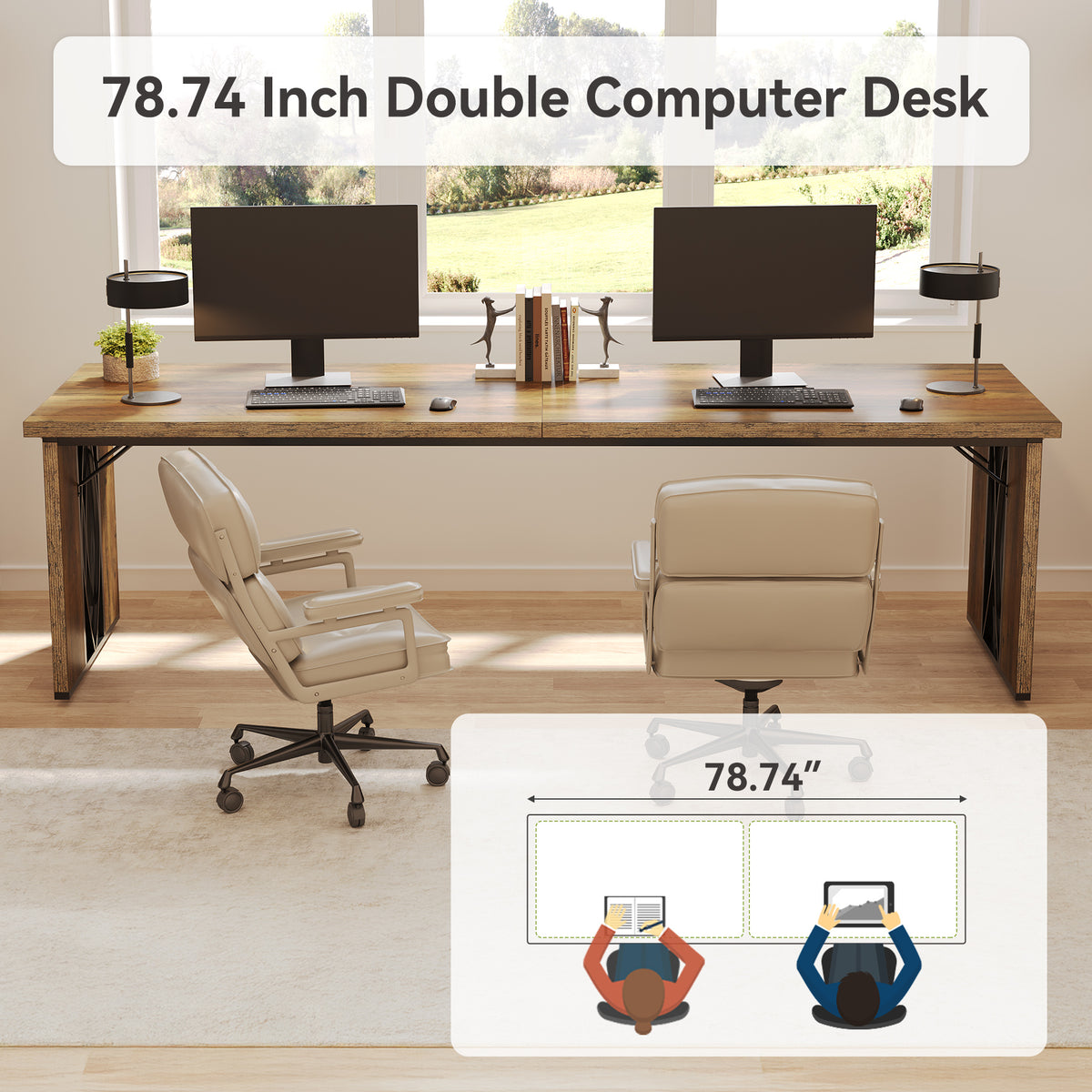 200cm Desk for Two People, Rustic Long Writing Desk for the Home Office