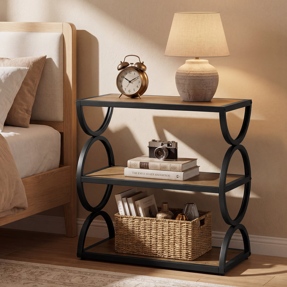 60cm Nightstand, 3-Tier Industrial Bedside Table with Circular Frame for Bedroom