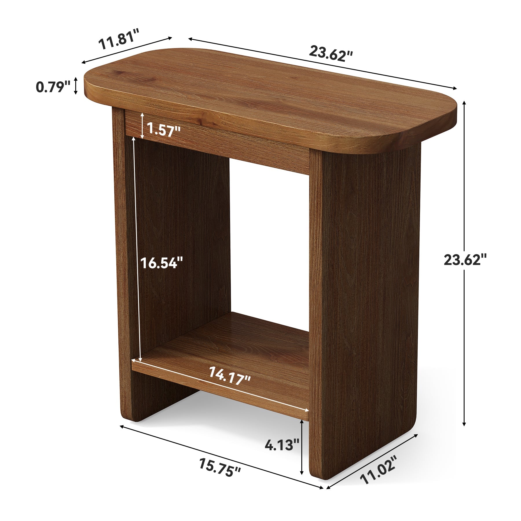 23.62" Solid Wood End Table, H-Shaped 2-Tier Side Table with Storage Shelf