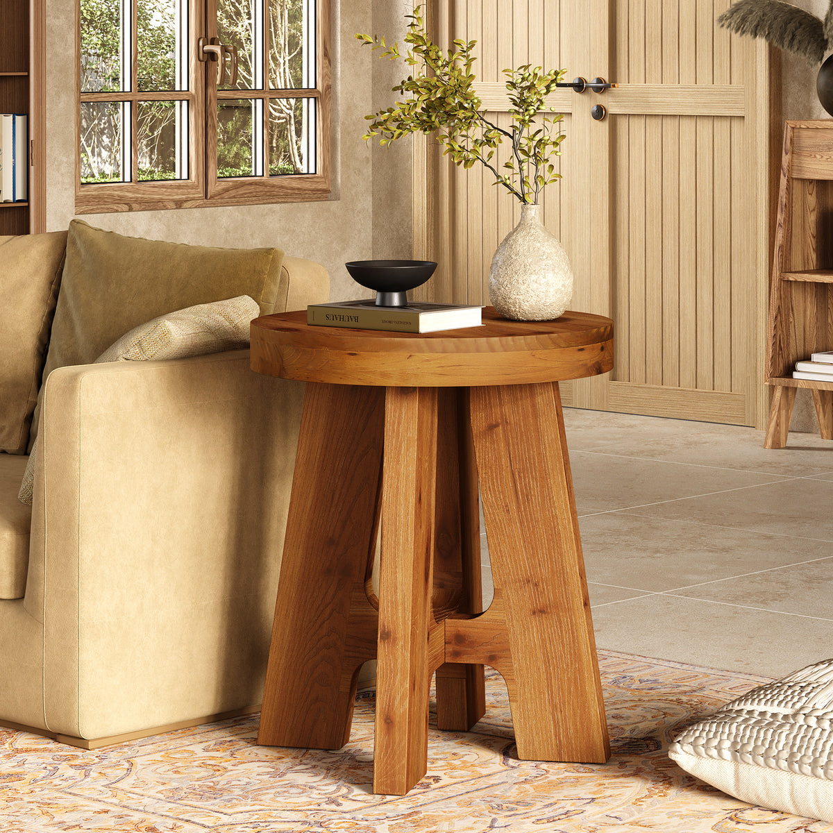 Round Side Table, Farmhouse Solid Wood End Table with Heavy-Duty Legs