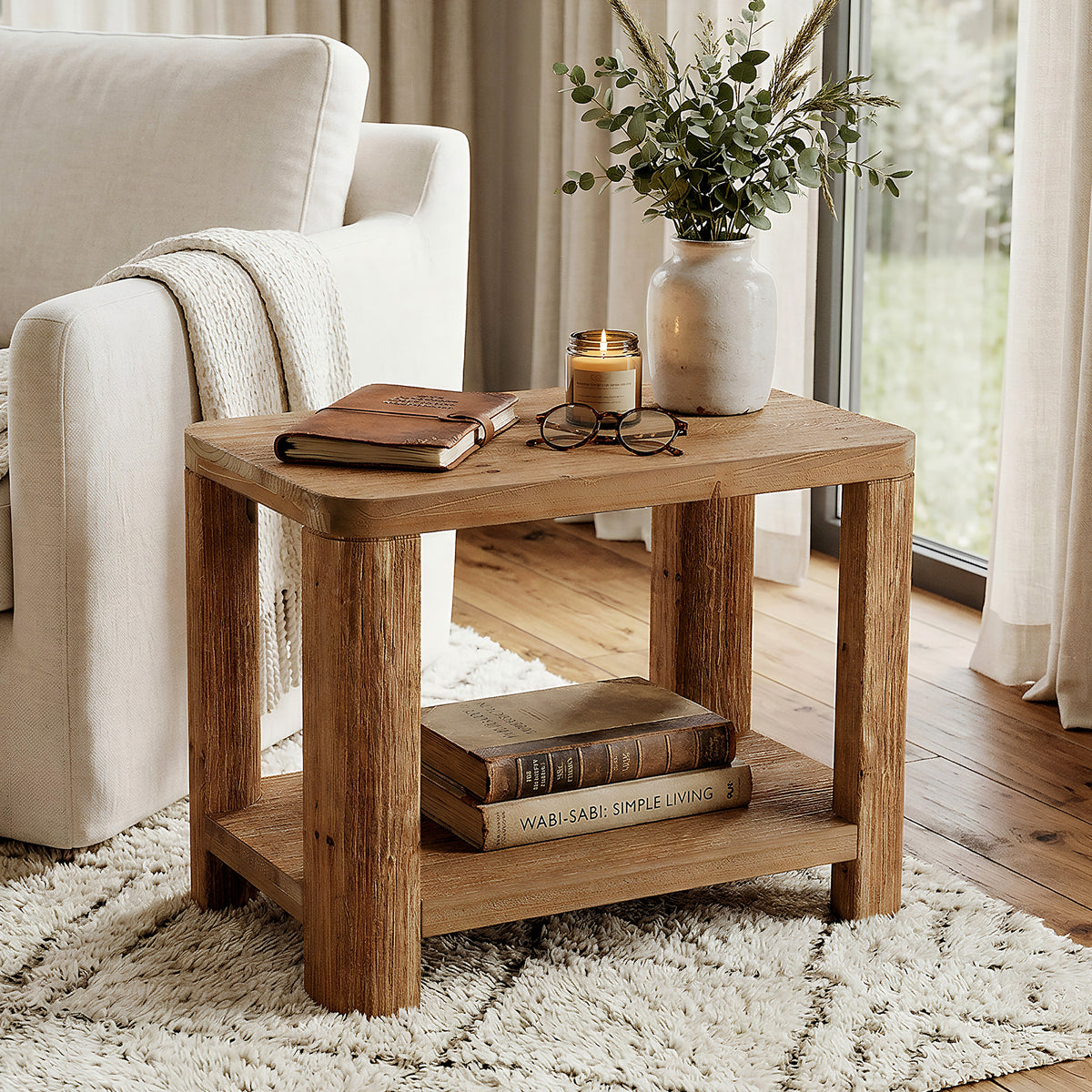 69cm Side Table, Farmhouse Solid Wood Bedside Table with 2-Tier Shelf
