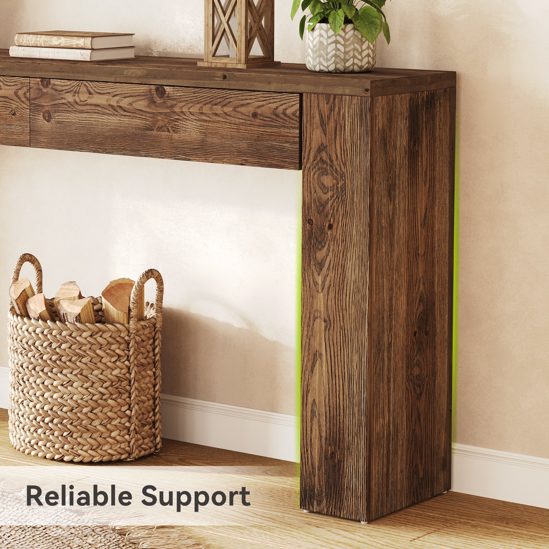 63" Solid Wood Console Table with Hidden Storage Drawers, Sofa Table Behind Couch