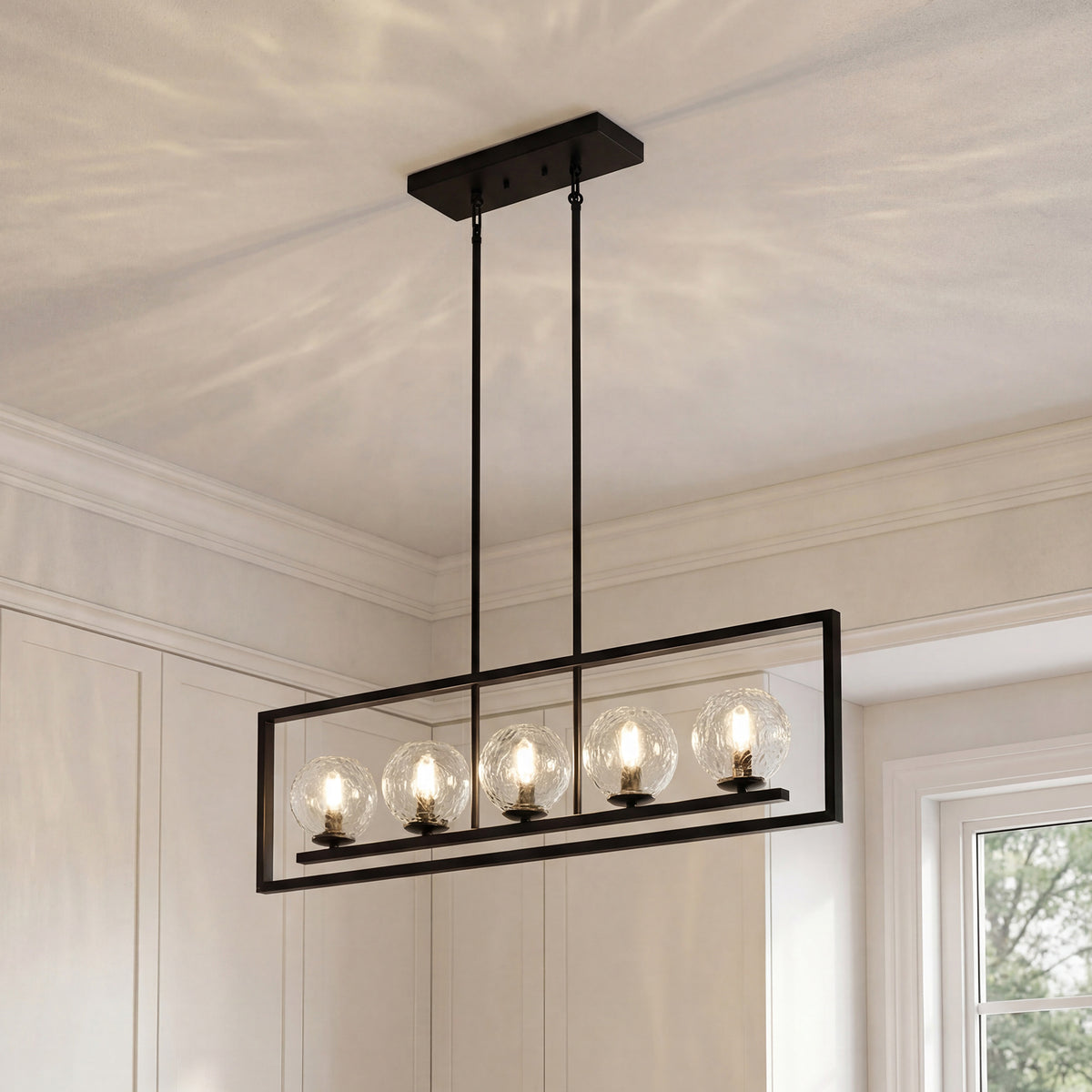 5-Light Modern Black Pendant Light, Linear Chandelier with Glass Shade