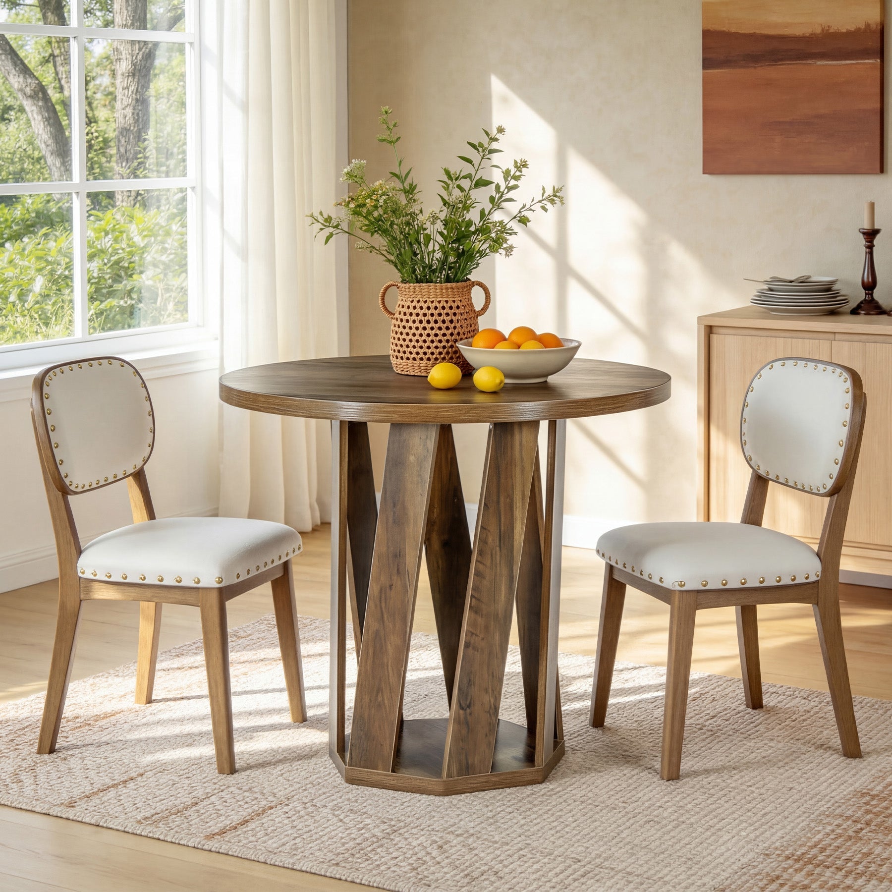 80cm Round Dining Table, Solid Wood Kitchen Table for 2-4 People