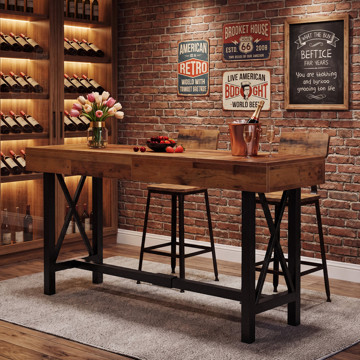 180cm Bar Table, Industrial Rectangular Pub Table with Metal Footrest