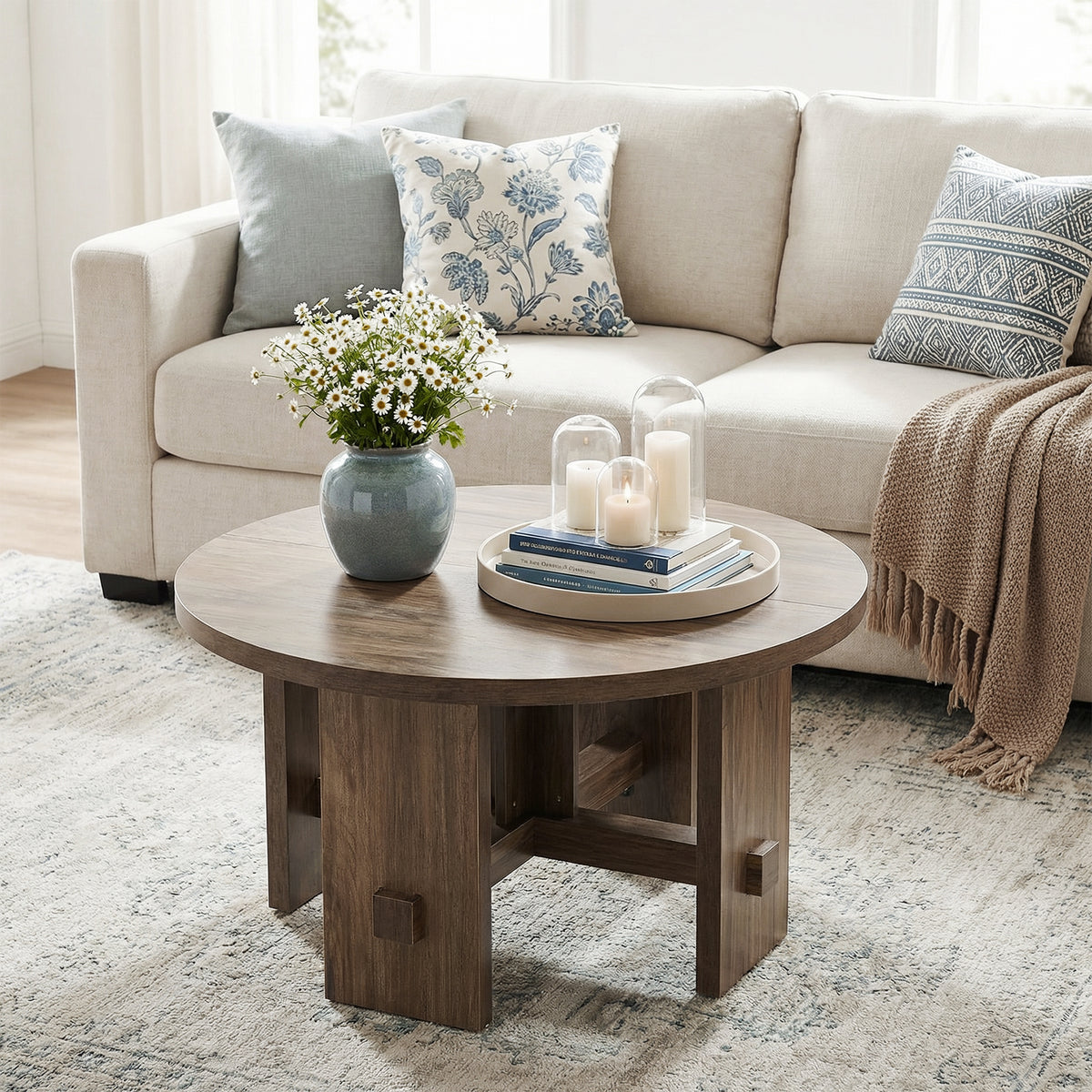 Tribesigns 80cm round side table, rustic-style side table with a pedestal base