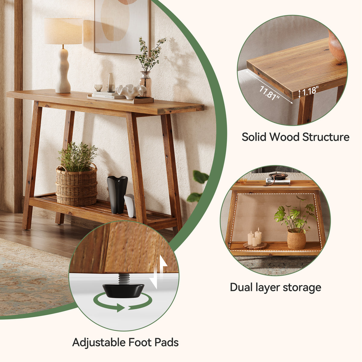 Tribesigns Country-Style Solid Wood Console Table with Shelf, 105 cm, for the Hallway and Living Room