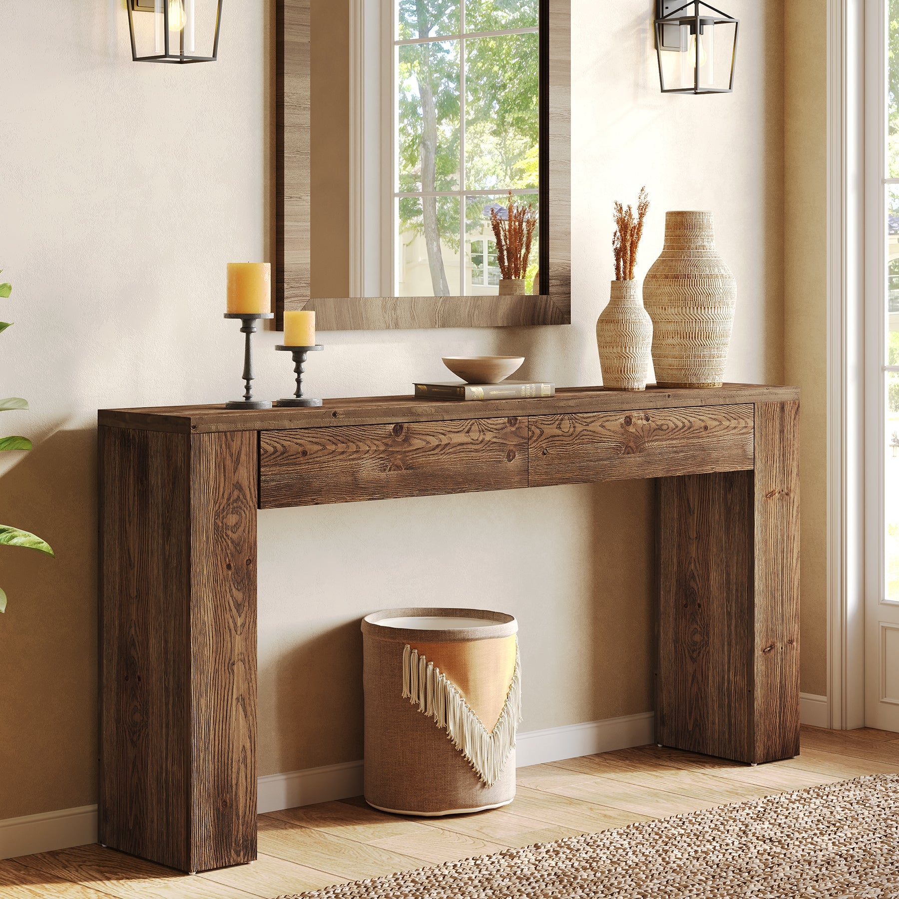63" Solid Wood Console Table with Hidden Storage Drawers, Sofa Table Behind Couch
