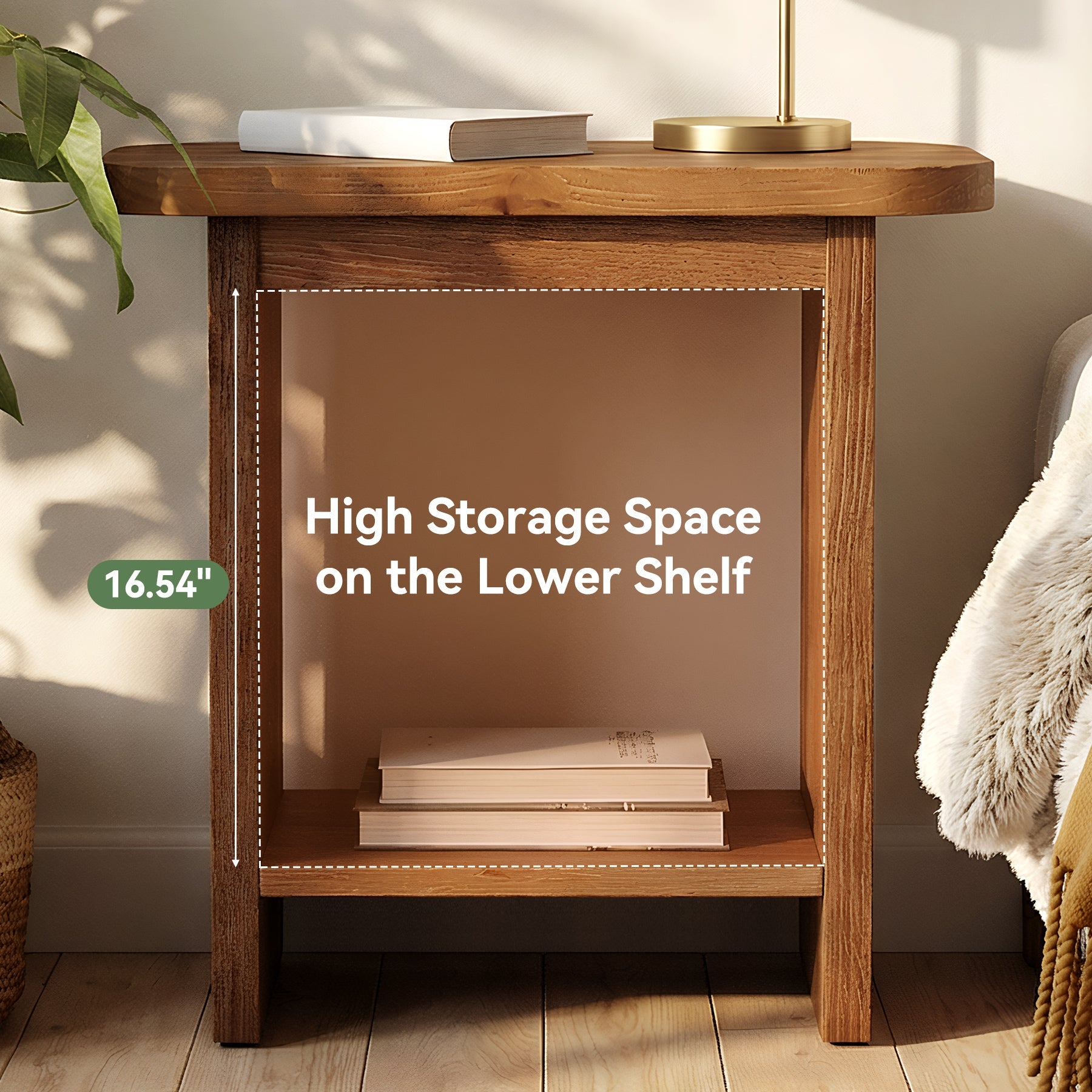 23.62" Solid Wood End Table, H-Shaped 2-Tier Side Table with Storage Shelf