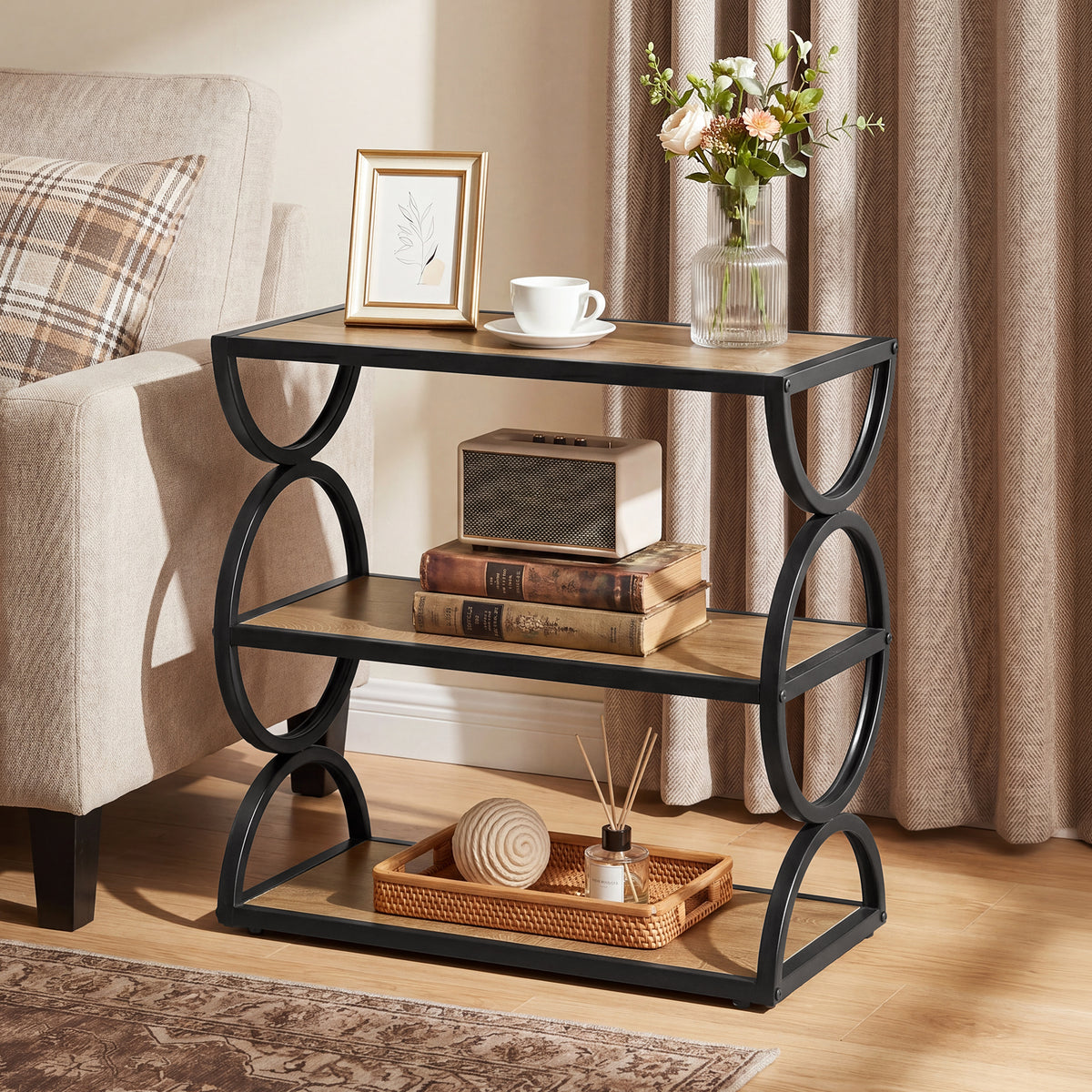 60cm Narrow Side Table, 3-Tier Industrial End Table with Circular Frame for Living Room