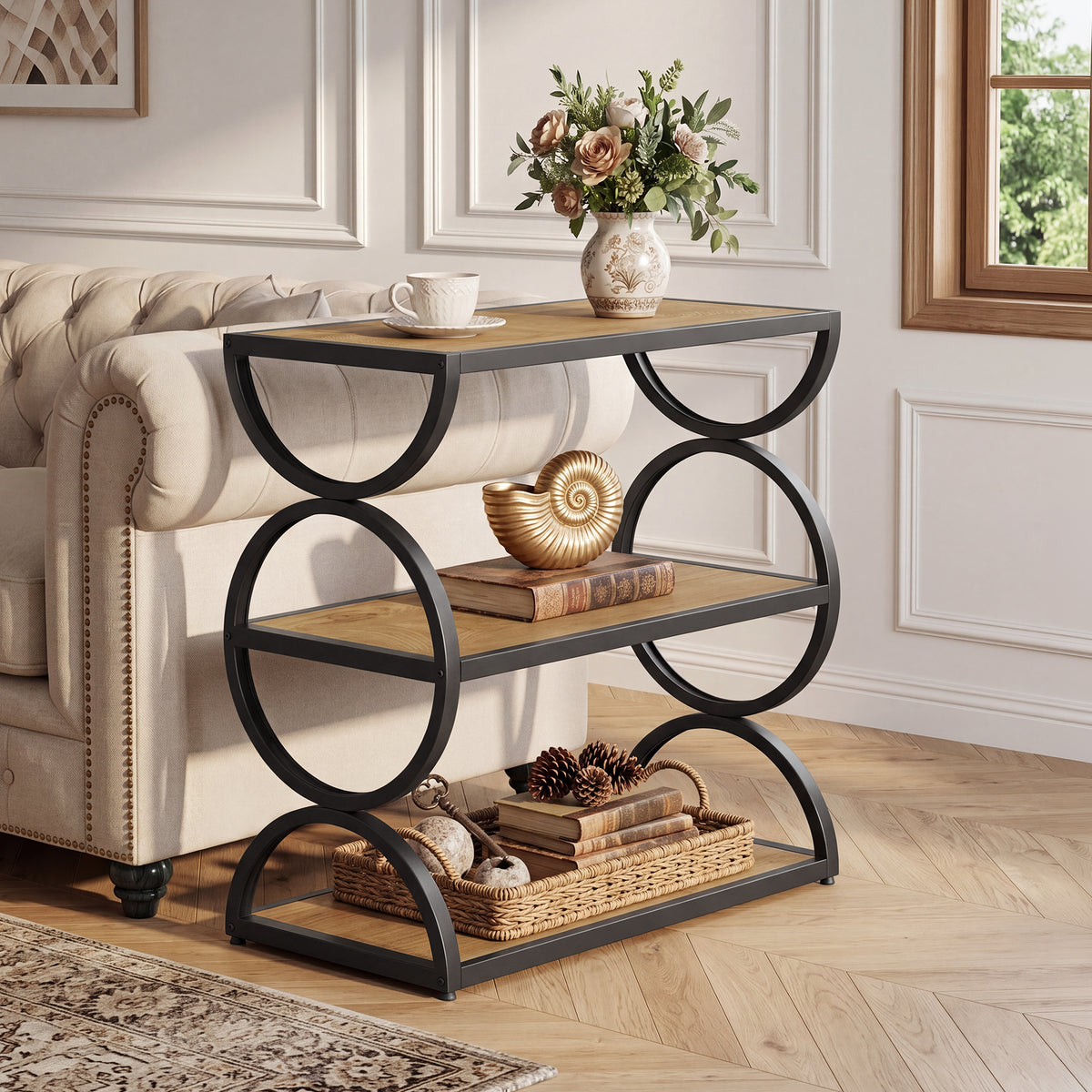 60cm Narrow Side Table, 3-Tier Industrial End Table with Circular Frame for Living Room