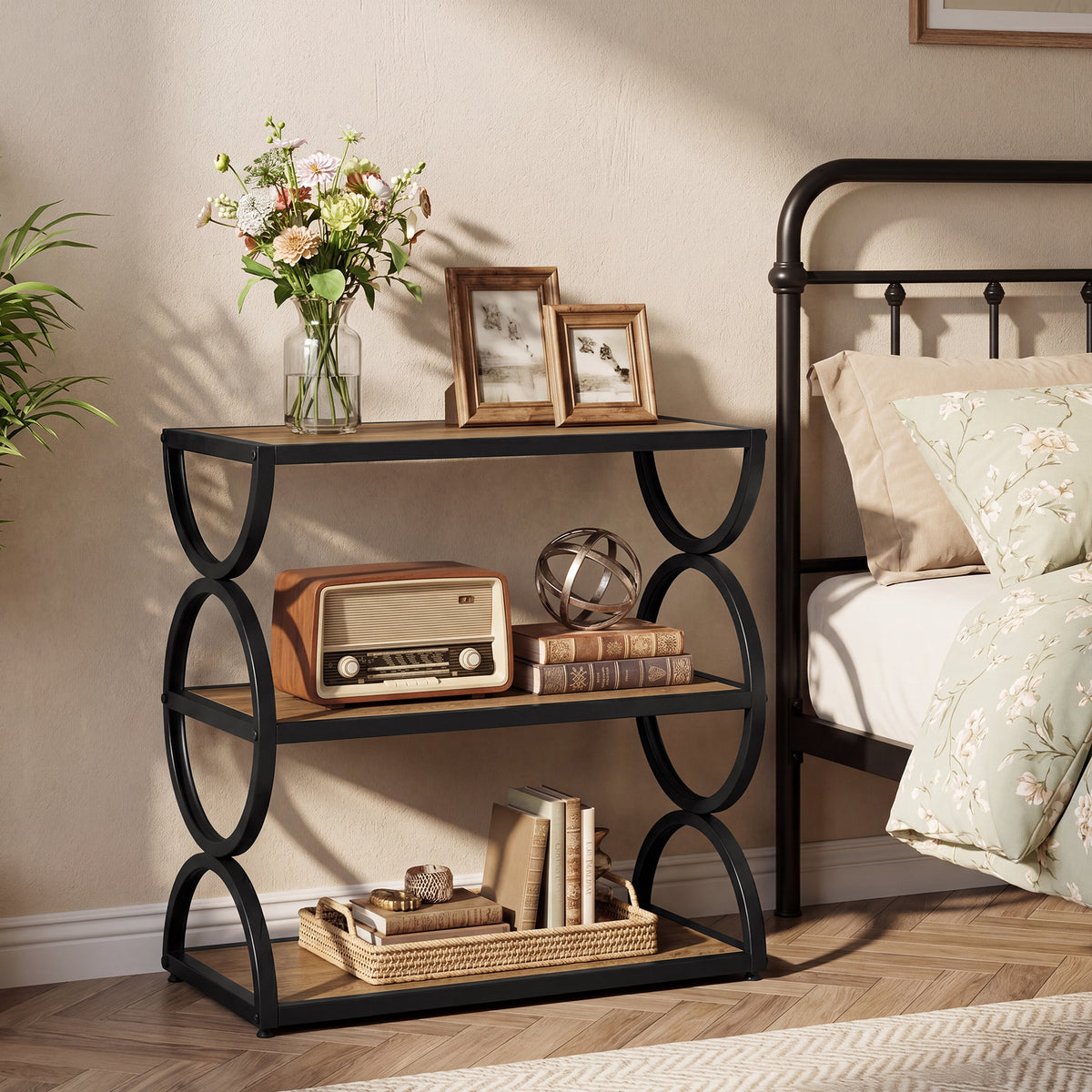 60cm Nightstand, 3-Tier Industrial Bedside Table with Circular Frame for Bedroom