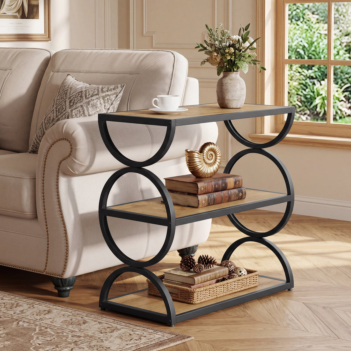 60cm Narrow Side Table, 3-Tier Industrial End Table with Circular Frame for Living Room