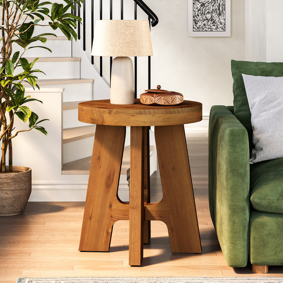 Round Side Table, Farmhouse Solid Wood End Table with Heavy-Duty Legs