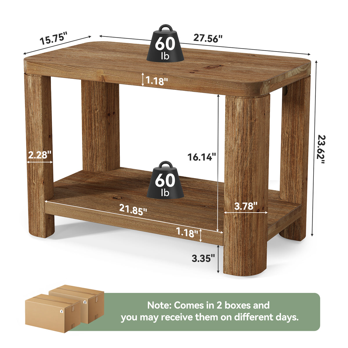 69cm Side Table, Farmhouse Solid Wood Bedside Table with 2-Tier Shelf