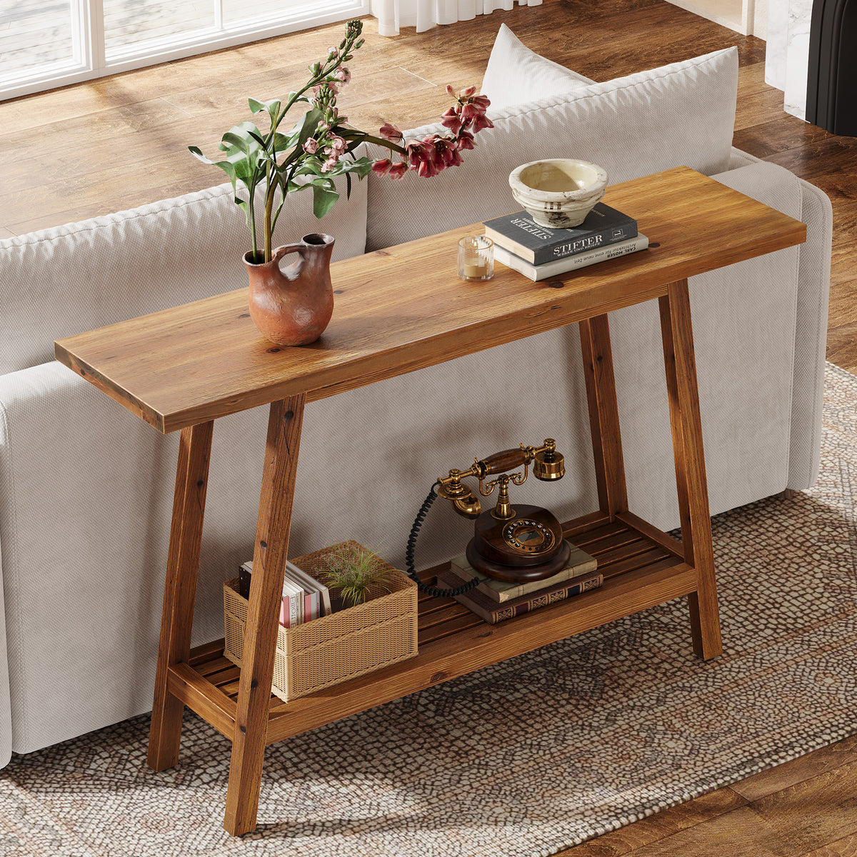 Tribesigns Country-Style Solid Wood Console Table with Shelf, 105 cm, for the Hallway and Living Room