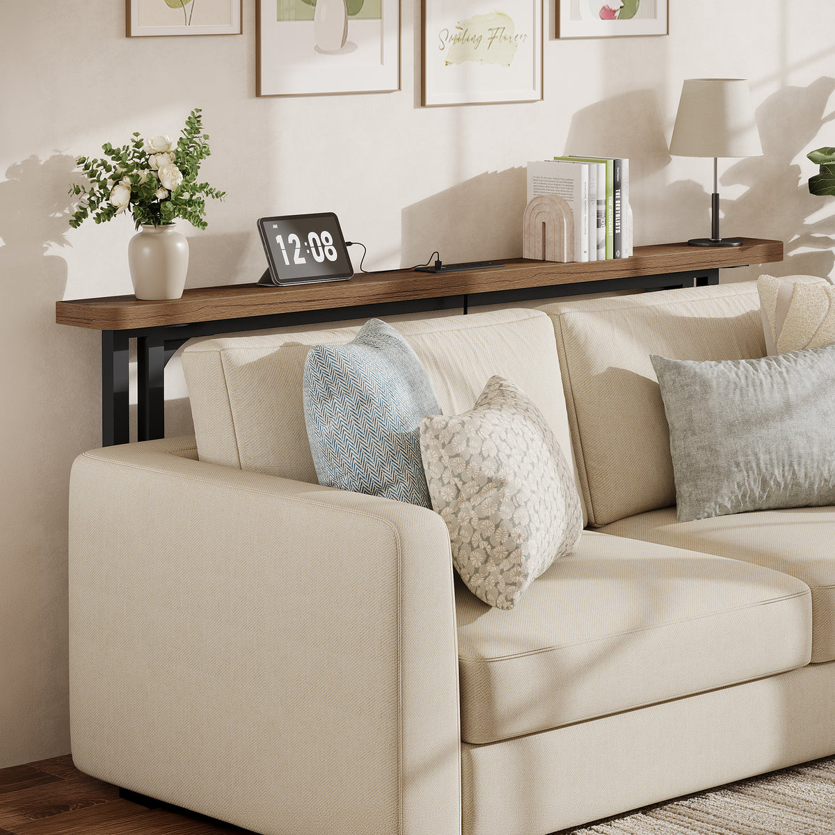 180cm Console Table, Skinny Sofa Table with Power Outlet for Living Room