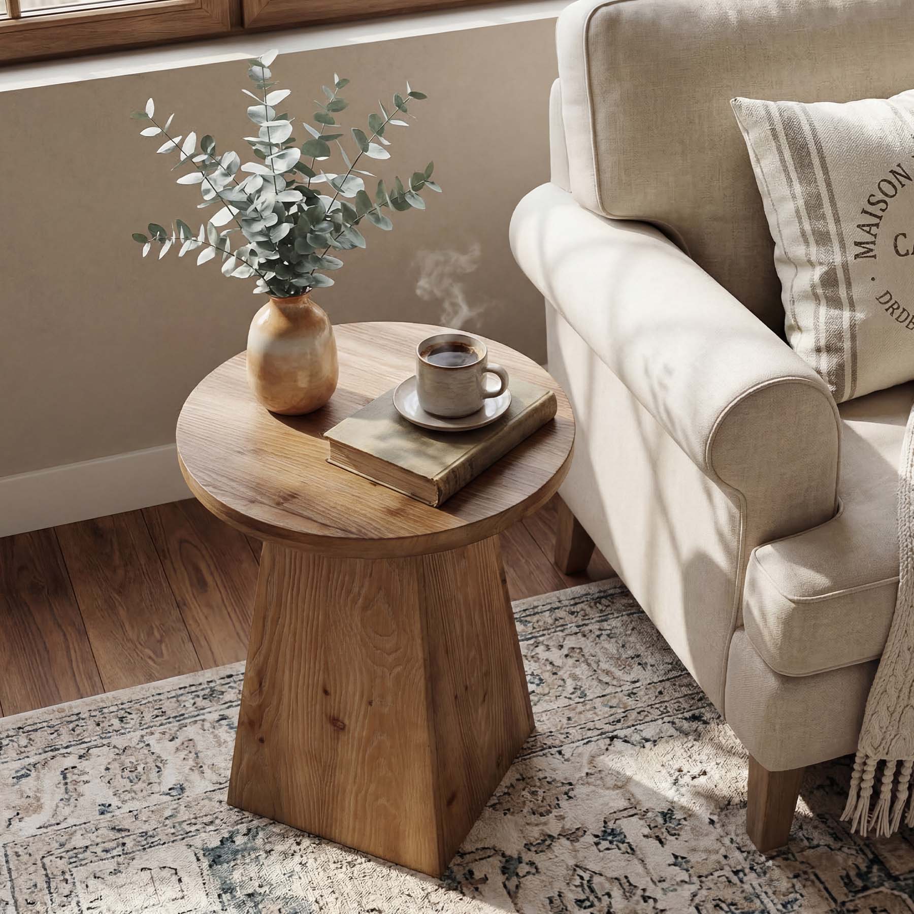 48cm Solid Wood End Table with Trapezoid Base, Round Side Table for Living Room Small Spaces