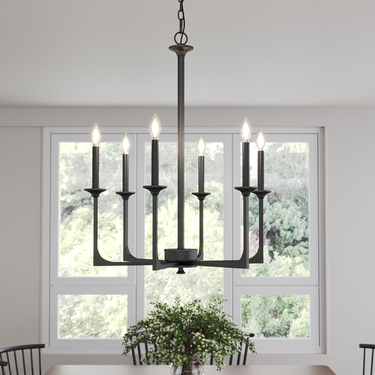 6-Light Black Wagon Wheel Chandelier, Modern Candle Pendant Light