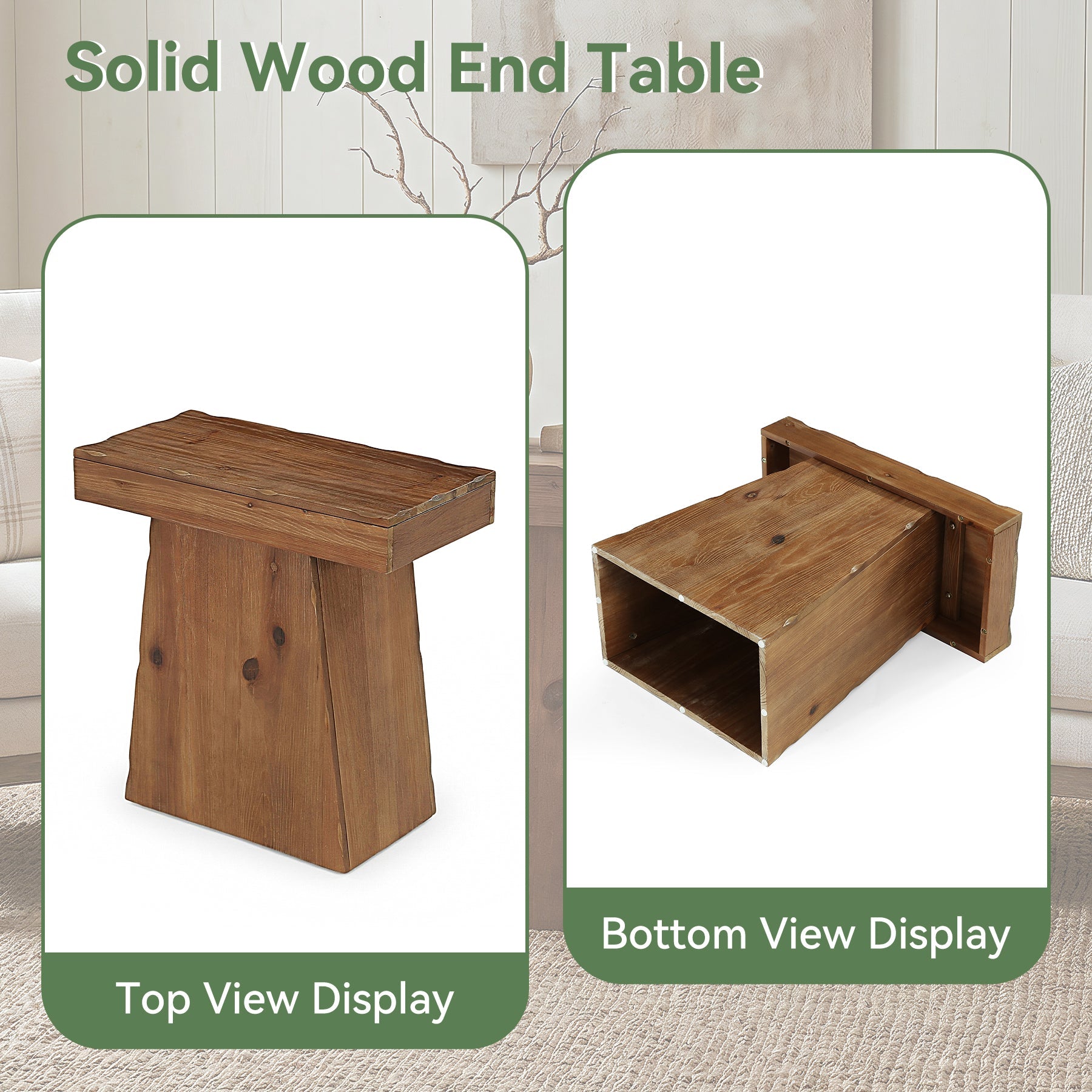 60cm Solid Wood End Table with Trapezoid Base, Small Walnut Side Taable for Living Room