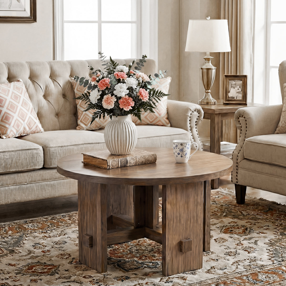 Tribesigns 80cm round side table, rustic-style side table with a pedestal base
