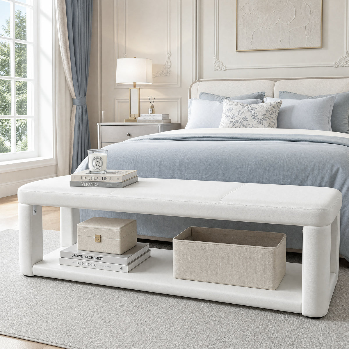 140cm Upholstered Entryway Bench, Modern 2-Tier Padded End of Bed Bench for Living Room & Bedroom