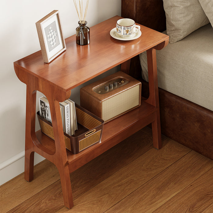 Tribesigns Side Table in Solid Rubberwood with 2 Shelves, for the Living Room and Bedroom