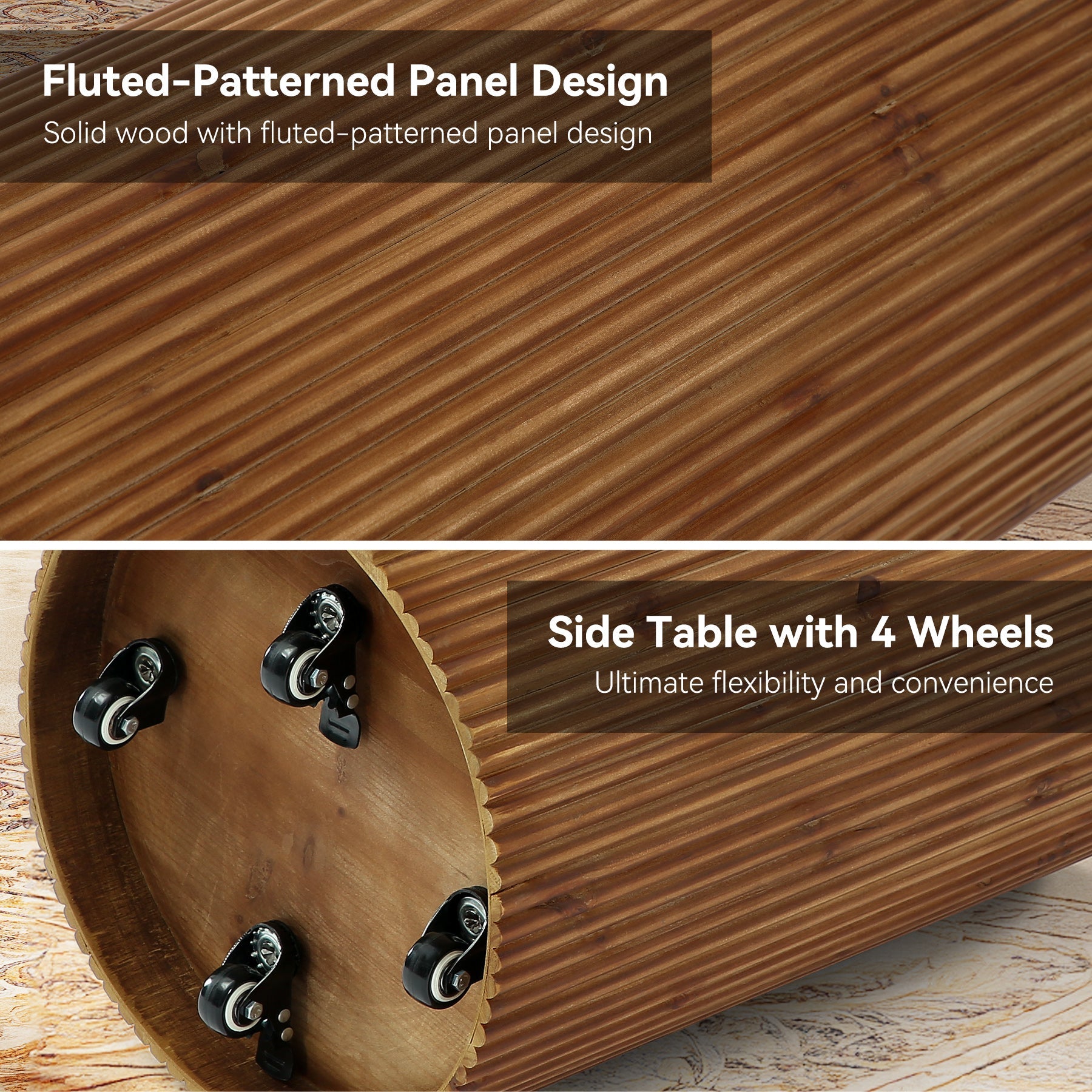 Solid Wood Round Side Table, No-Assembly Fluted End Table with Storage & 4 Wheels