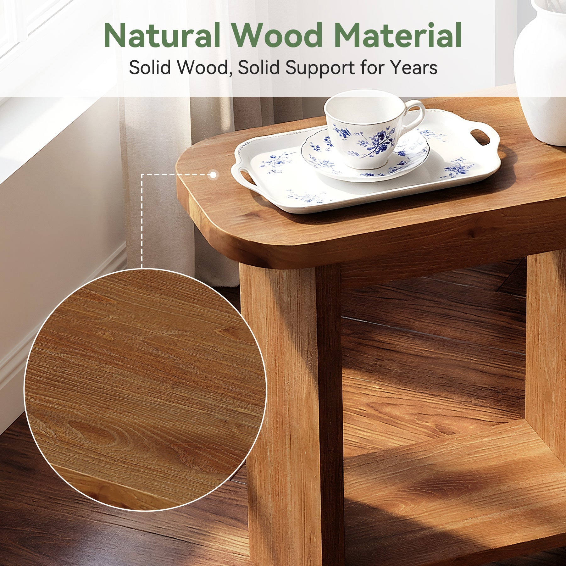 23.62" Solid Wood End Table, H-Shaped 2-Tier Side Table with Storage Shelf