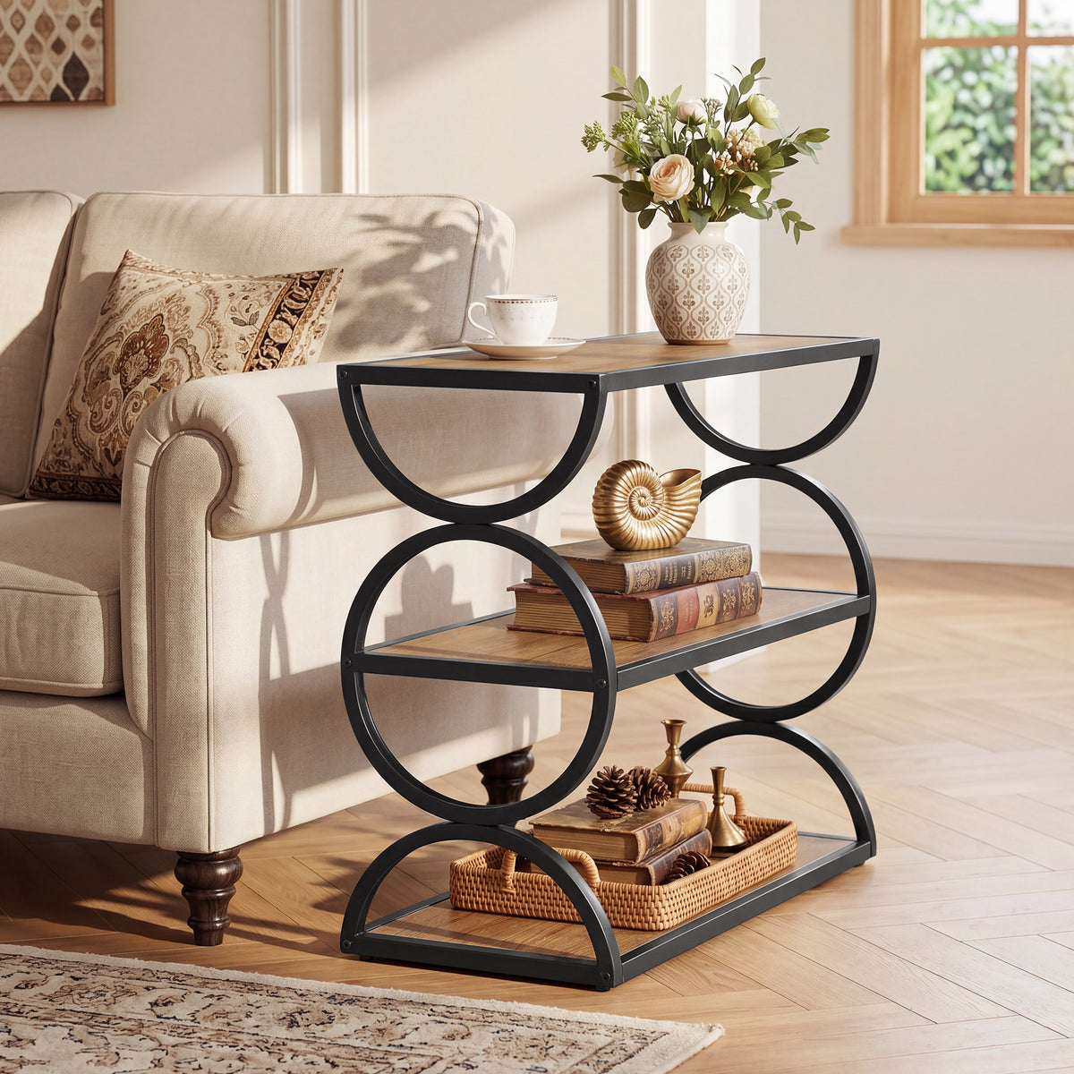 60cm Narrow Side Table, 3-Tier Industrial End Table with Circular Frame for Living Room