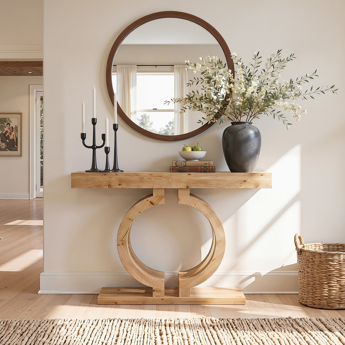 110cm Console Table, Solid Wood Entryway Sofa Table with Double-Circle Base