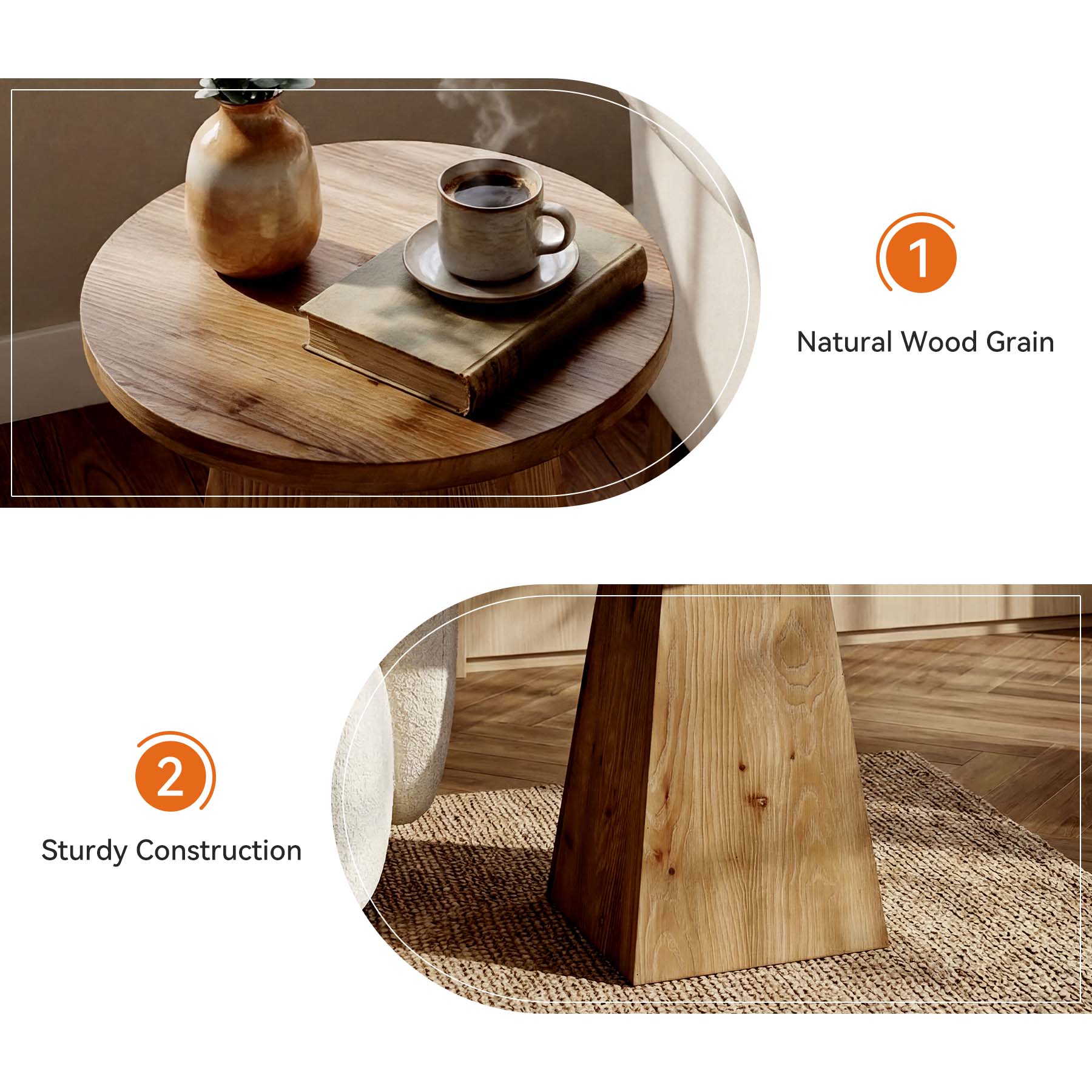 48cm Solid Wood End Table with Trapezoid Base, Round Side Table for Living Room Small Spaces