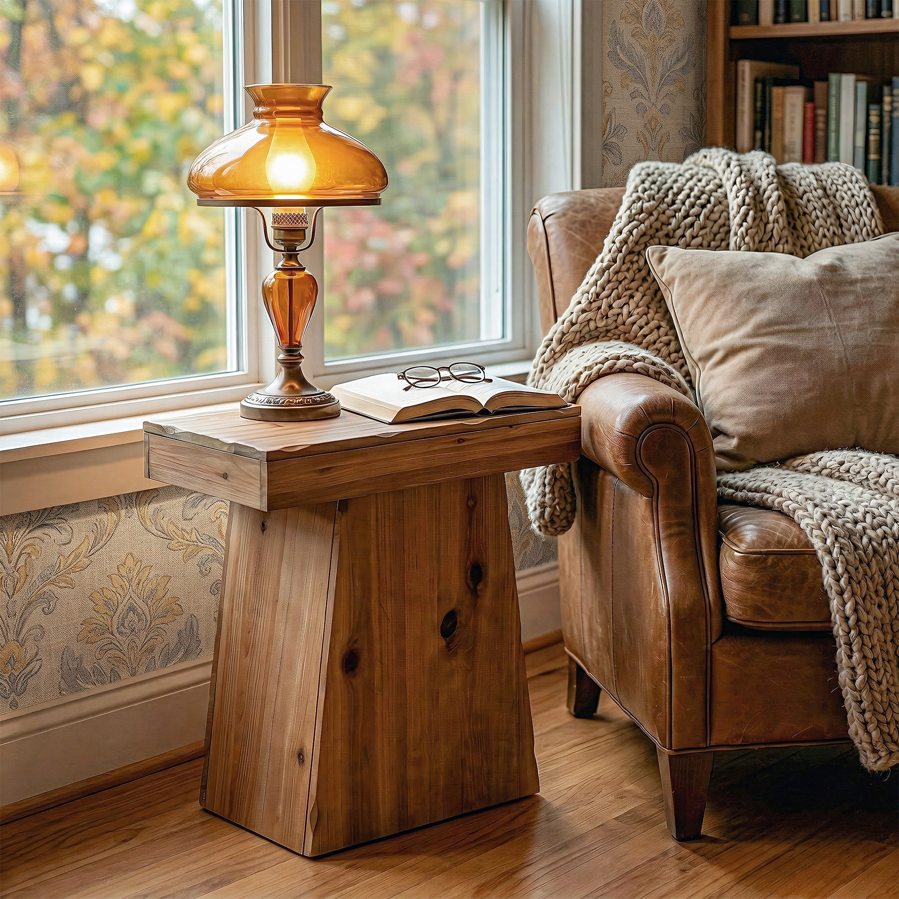 60cm Solid Wood End Table with Trapezoid Base, Small Walnut Side Taable for Living Room