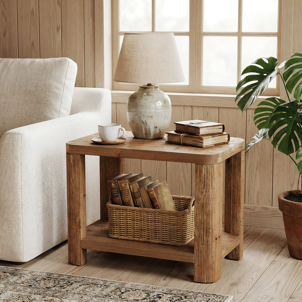 69cm Side Table, Farmhouse Solid Wood Bedside Table with 2-Tier Shelf
