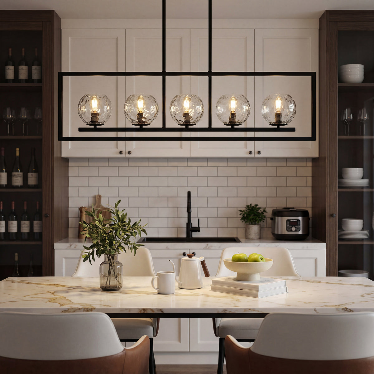 5-Light Modern Black Pendant Light, Linear Chandelier with Glass Shade