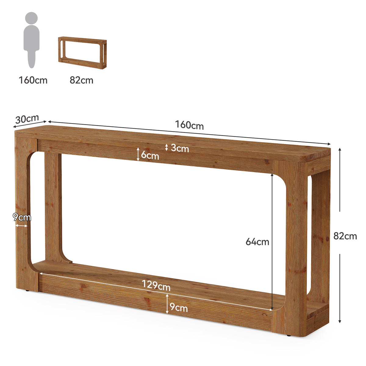 160cm Console Table, Rustic 2-Tier Solid Wood for Entryway Living Room