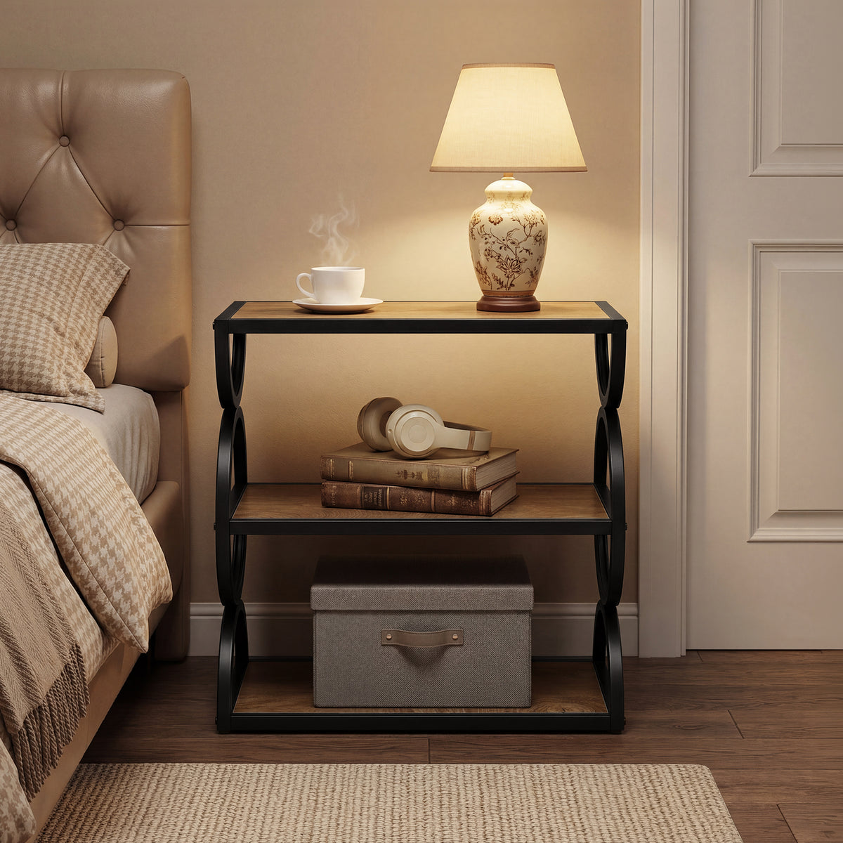 60cm Nightstand, 3-Tier Industrial Bedside Table with Circular Frame for Bedroom