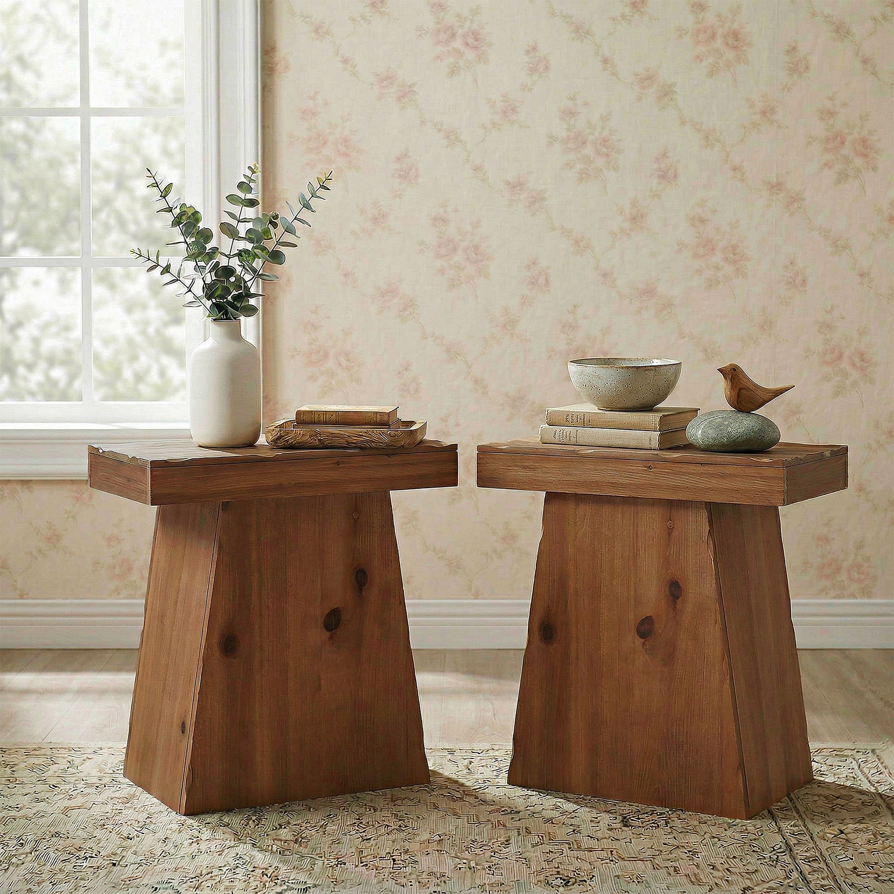 60cm Solid Wood End Table with Trapezoid Base, Small Walnut Side Taable for Living Room