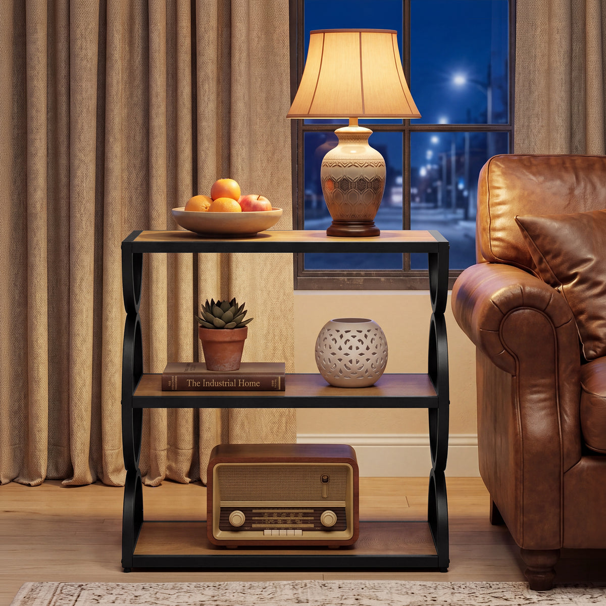 60cm Narrow Side Table, 3-Tier Industrial End Table with Circular Frame for Living Room