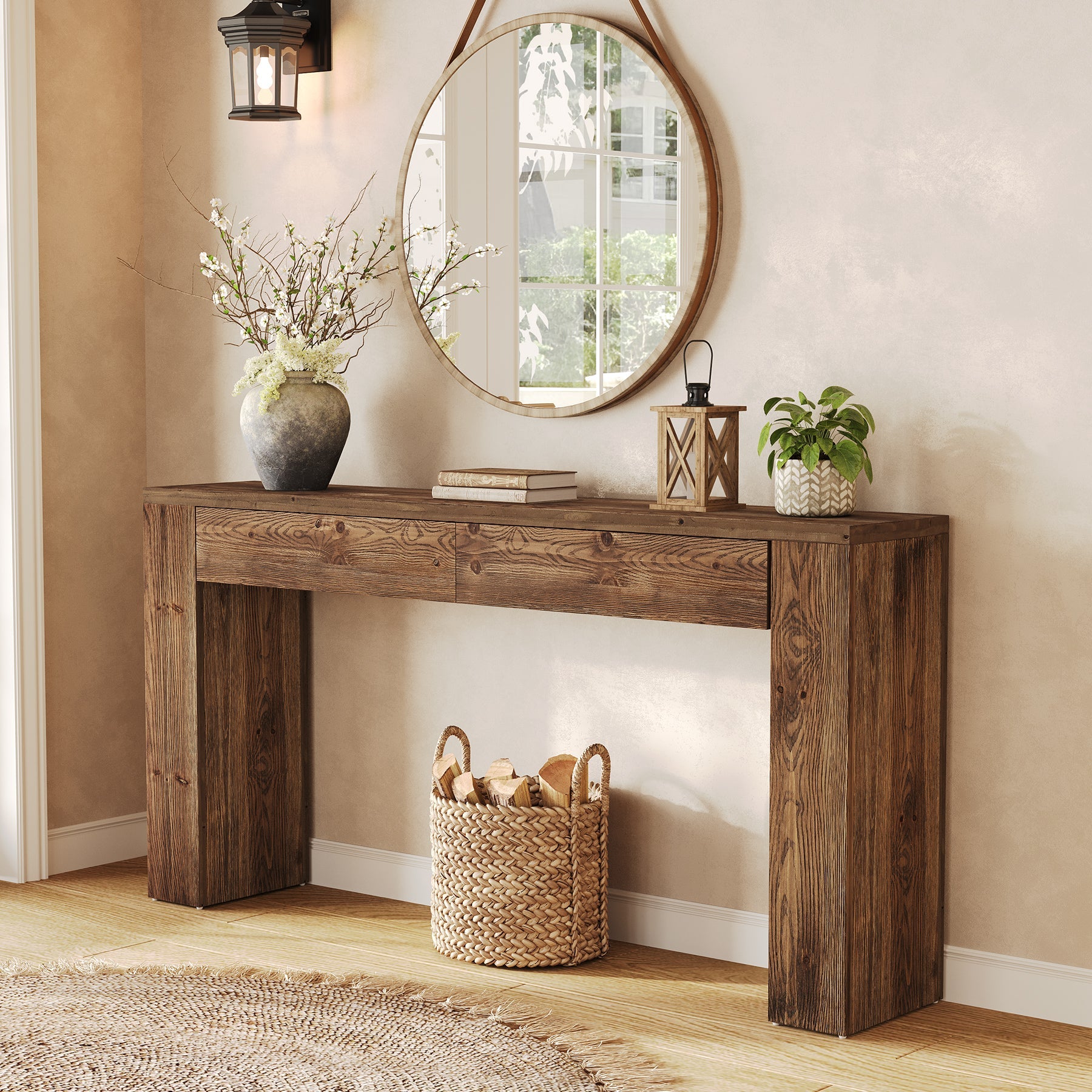 63" Solid Wood Console Table with Hidden Storage Drawers, Sofa Table Behind Couch