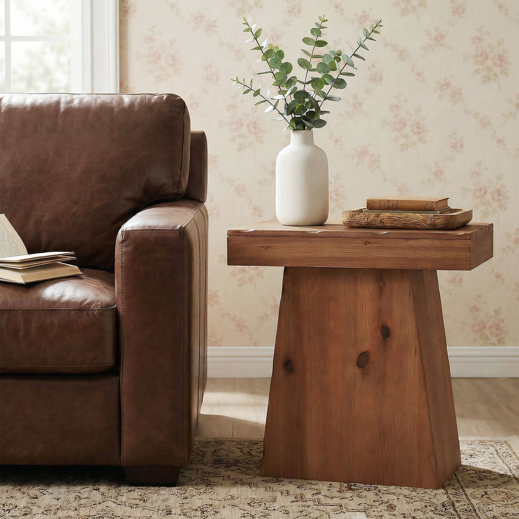 60cm Solid Wood End Table with Trapezoid Base, Small Walnut Side Taable for Living Room