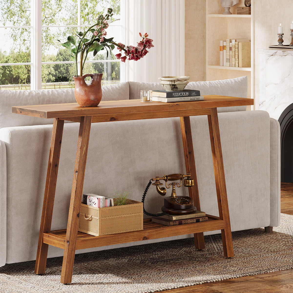 Tribesigns Country-Style Solid Wood Console Table with Shelf, 105 cm, for the Hallway and Living Room