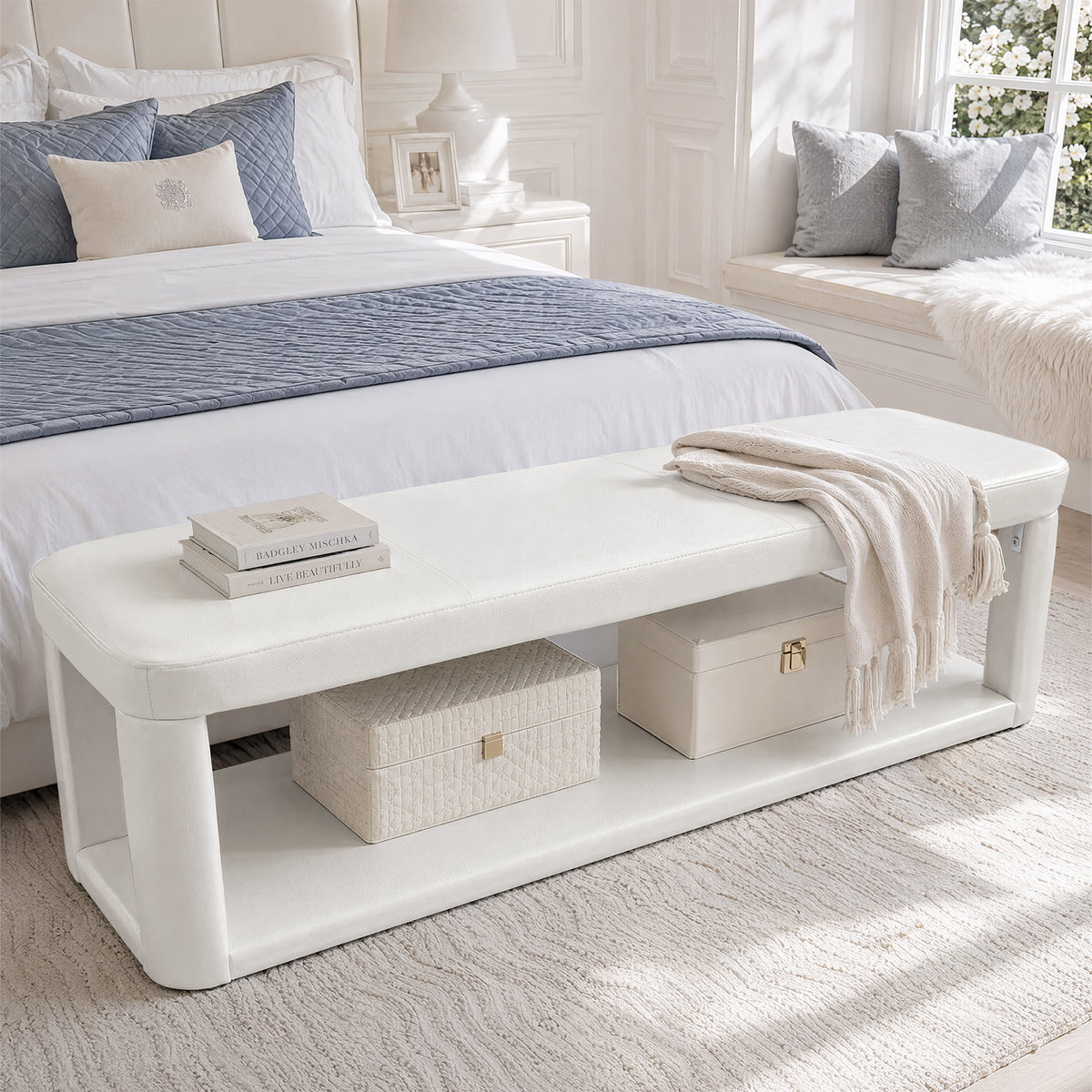 140cm Upholstered Entryway Bench, Modern 2-Tier Padded End of Bed Bench for Living Room & Bedroom