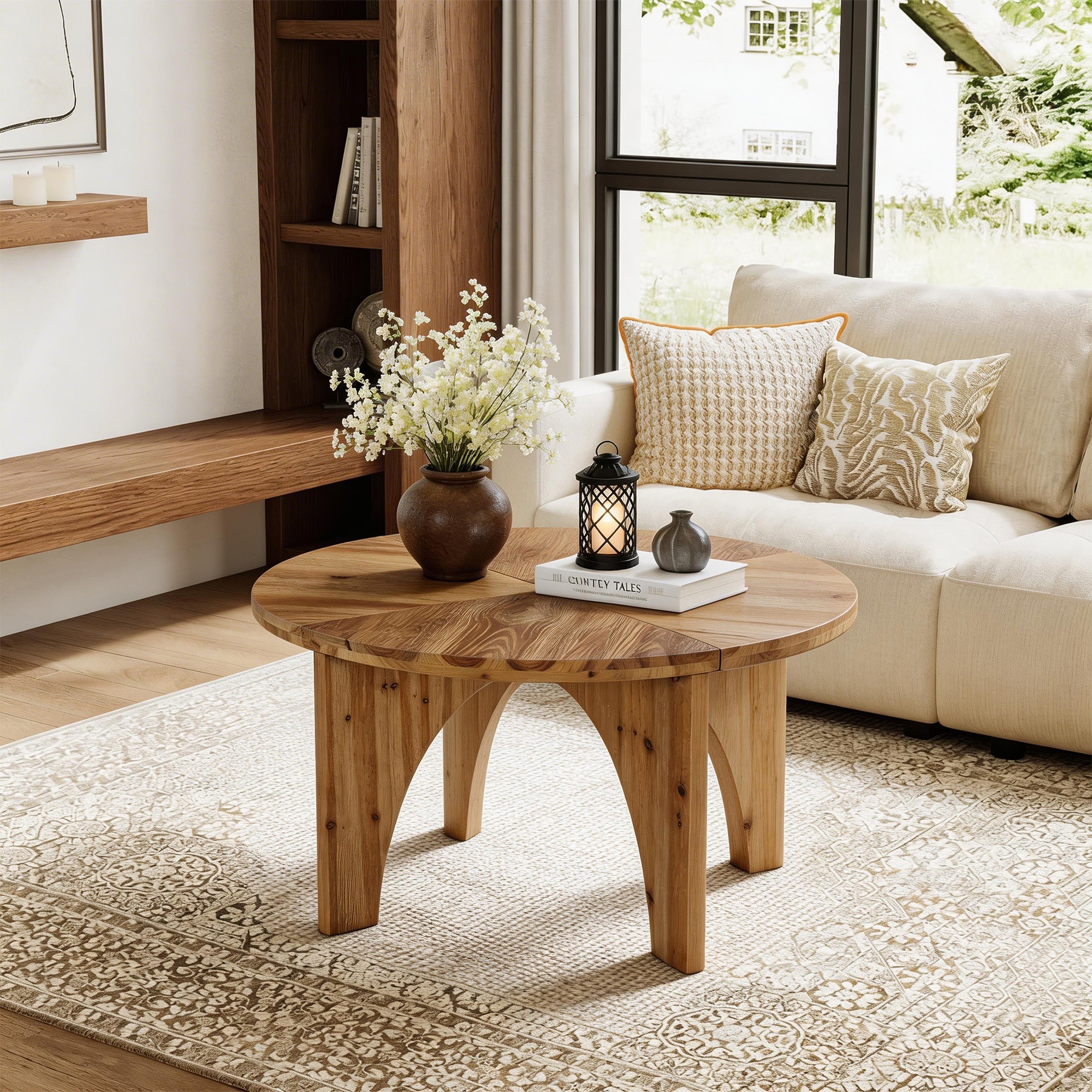 80cm Round Coffee Table, Farmhouse Solid Wood Center Table with Curved Legs